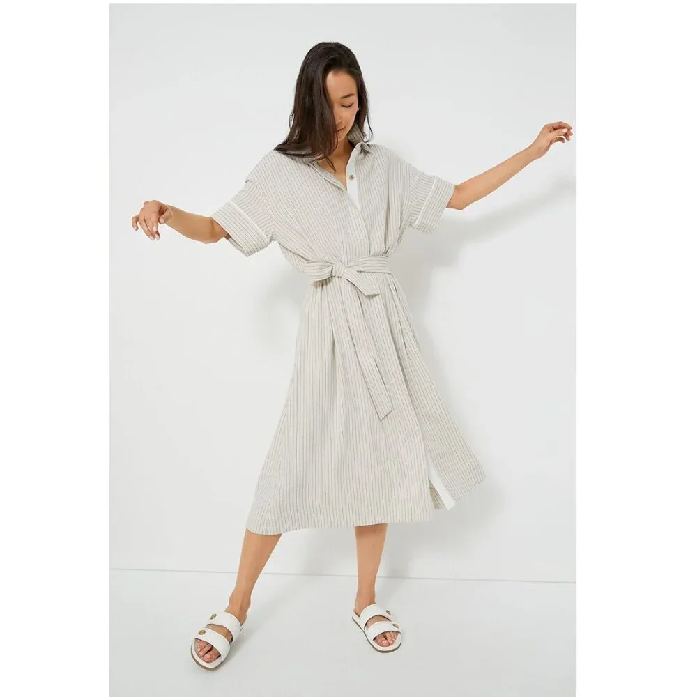 Tuckernuck | NEW Natural Stripe Kate Short Sleeve Midi Dress Size M - Picture 1 of 12
